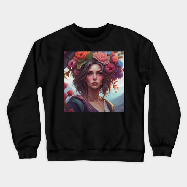 Young Woman with Rose Portrait Crewneck Sweatshirt by tearbytea